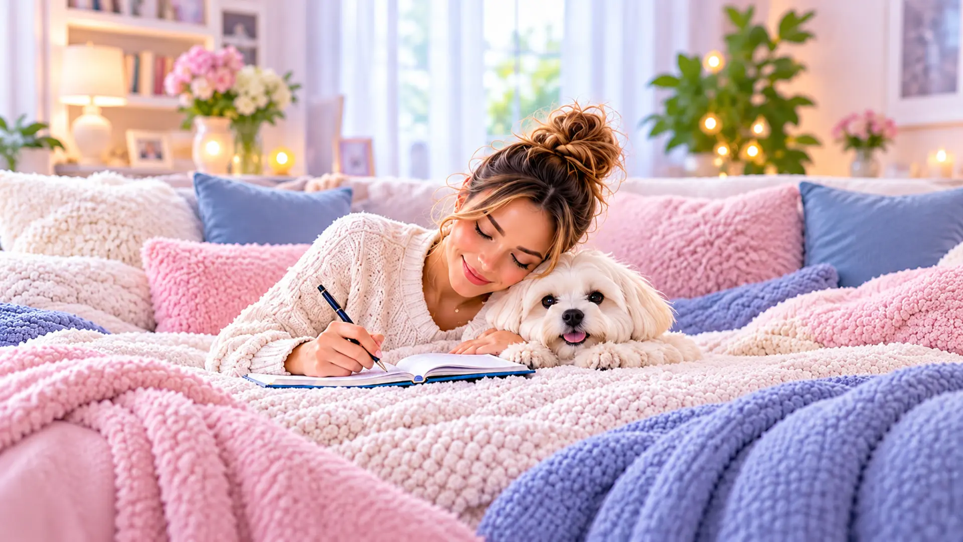 YUMA escribiendo en su agenda junto a su perrita blanca