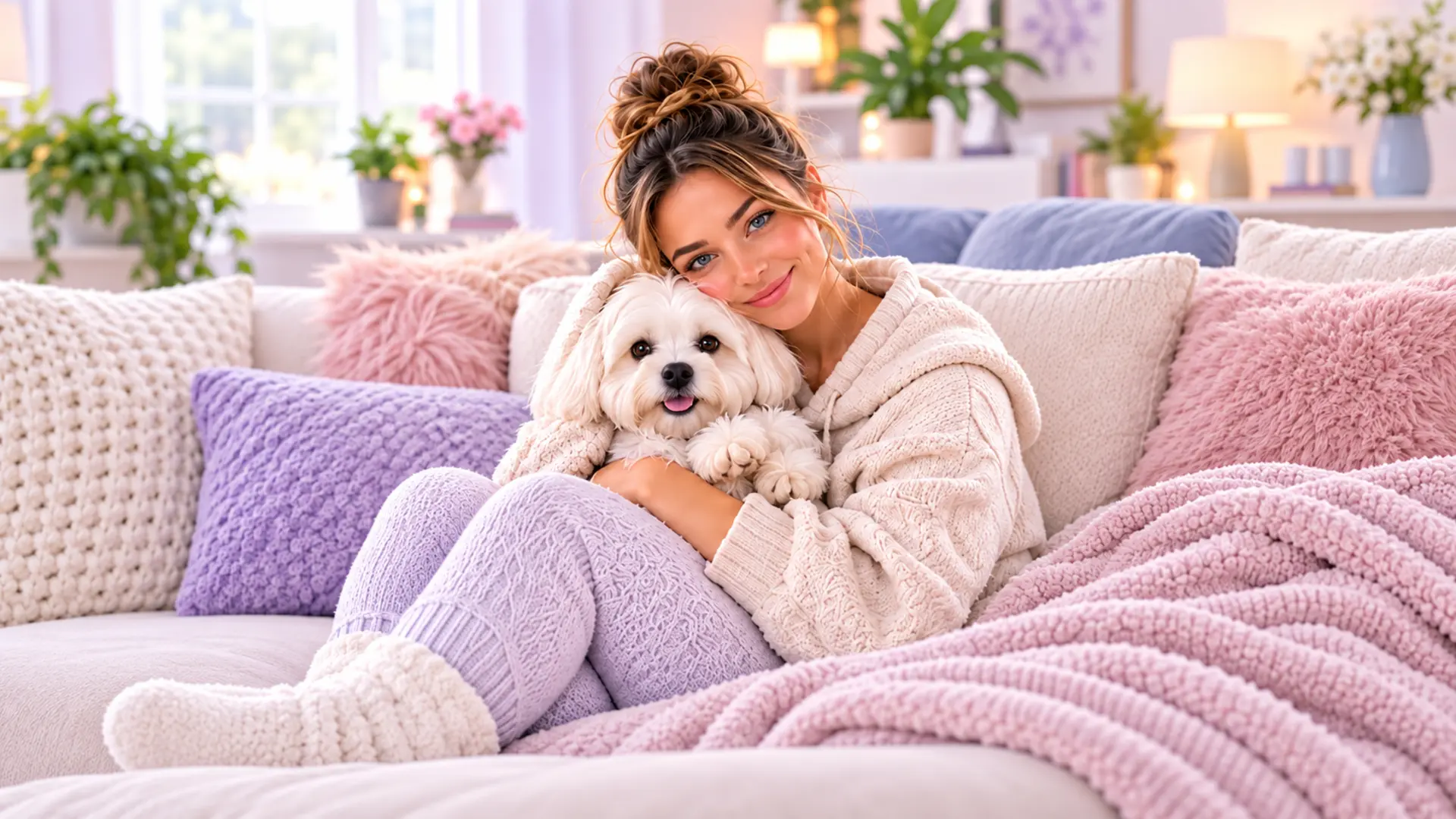 YUMA usando el móvil junto a su perrita blanca