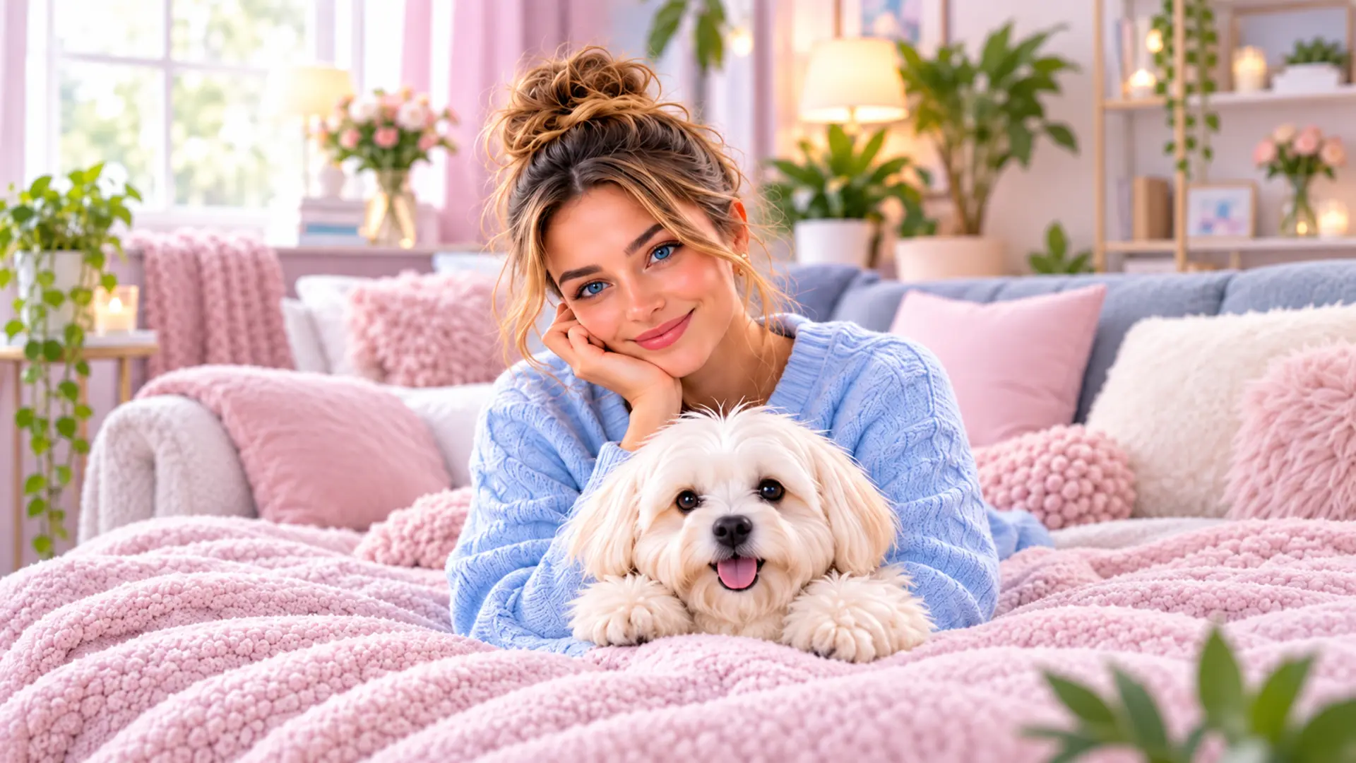 YUMA con una taza y su perrita blanca