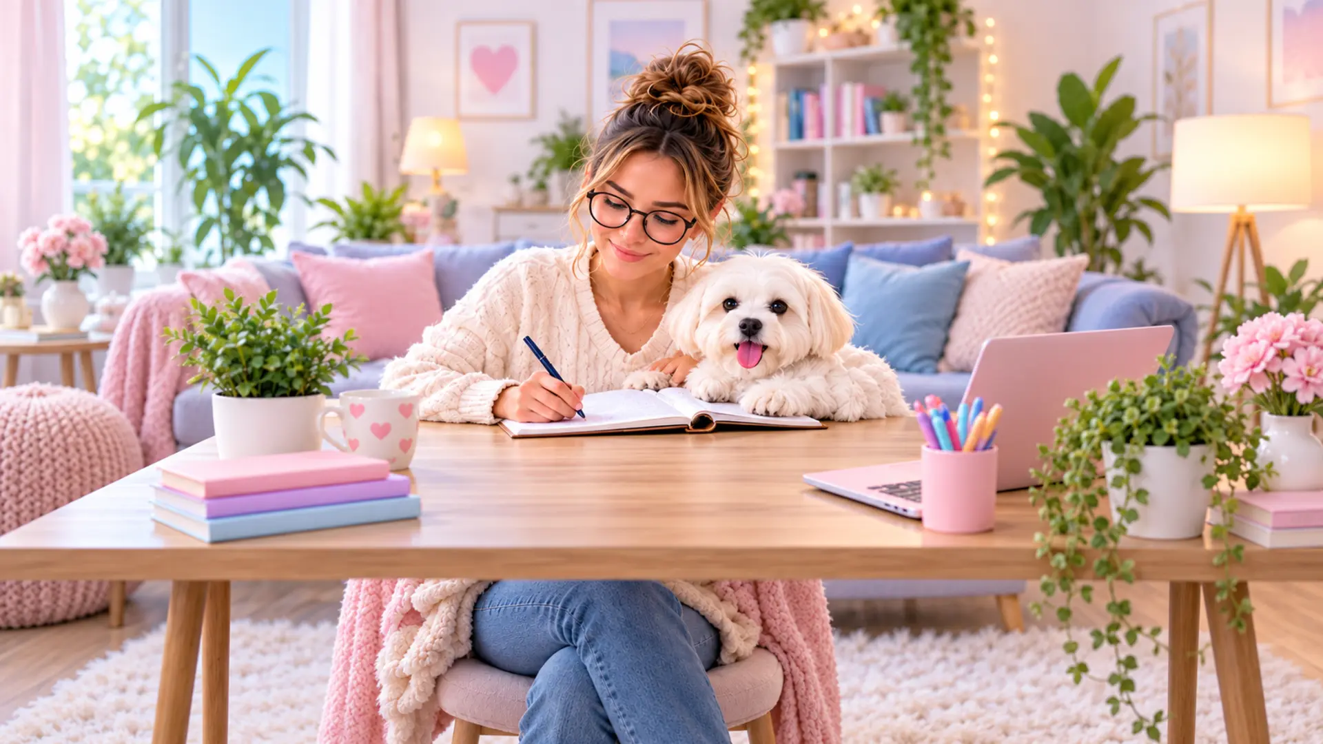 YUMA trabajando con ordenador y su perrita blanca